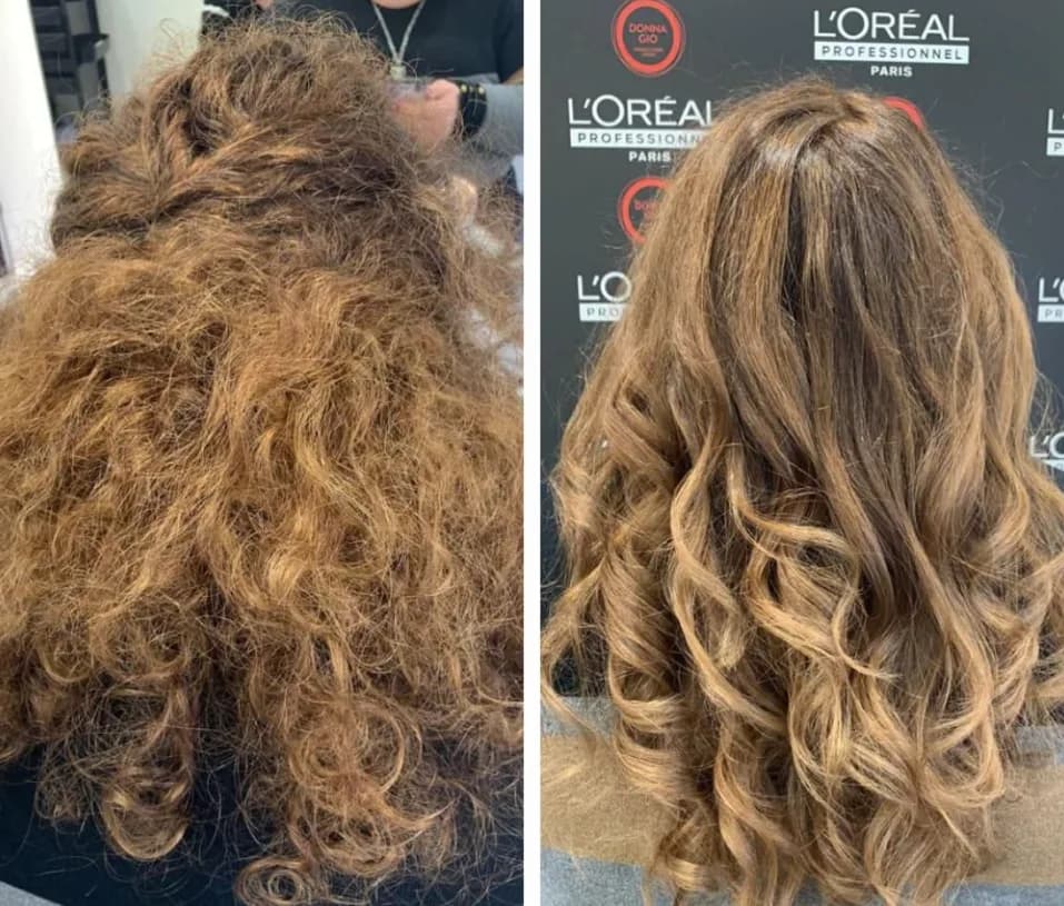 Prima e dopo: capelli castani crespi, poi ricci definiti e lucidi
