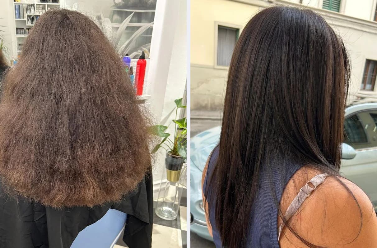 Prima e dopo: capelli lunghi castani crespi, poi lisci e lucidi