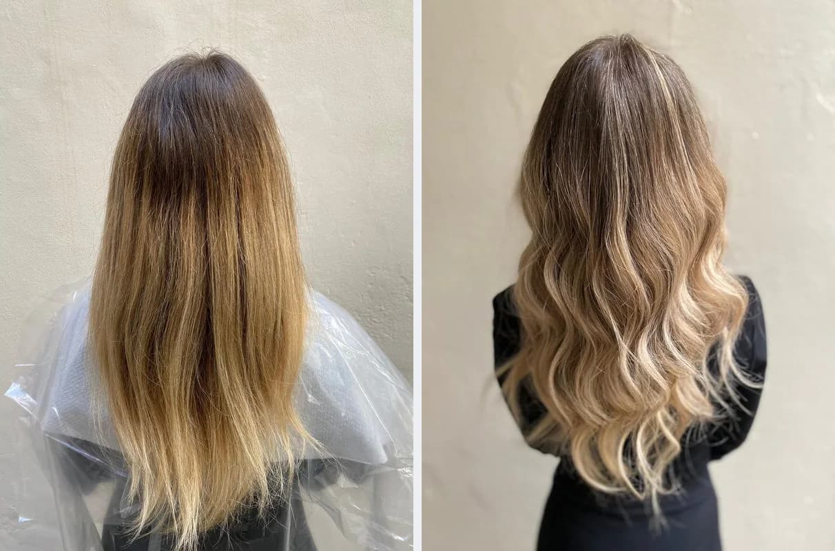 Prima e dopo, di spalle: capelli lunghi lisci con le punte schiarite, poi balayage biondo sfumato con onde morbide