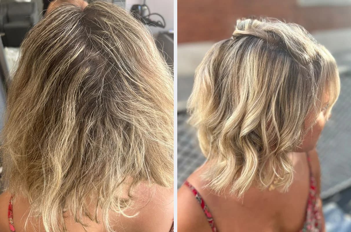 Prima e dopo: capelli biondi crespi con la ricrescita scura, poi caschetto mosso con schiariture luminose
